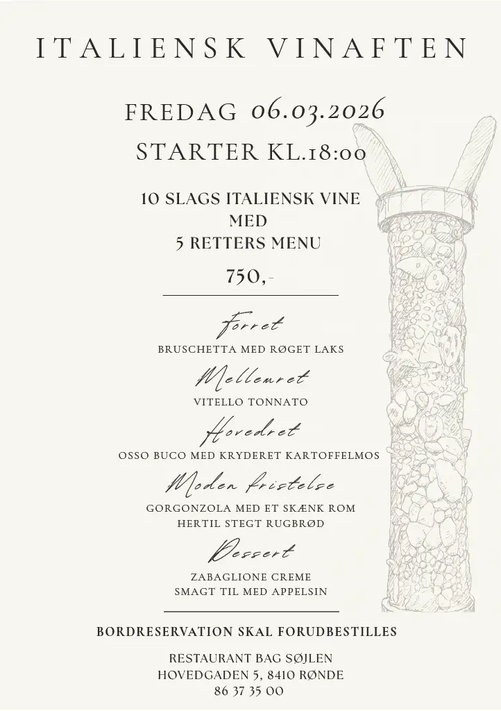 Menukortet til Italiensk Vinaften fredag den 6. marts 2026